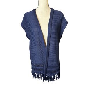 Lily Pulitzer Navy Blue Cotton Ribbed Knit Fringe Tassel Open Front Cardigan
